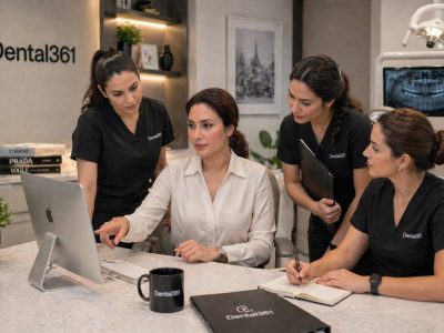 Behnoosh Basafa reviewing dental practice operations with a clinic team