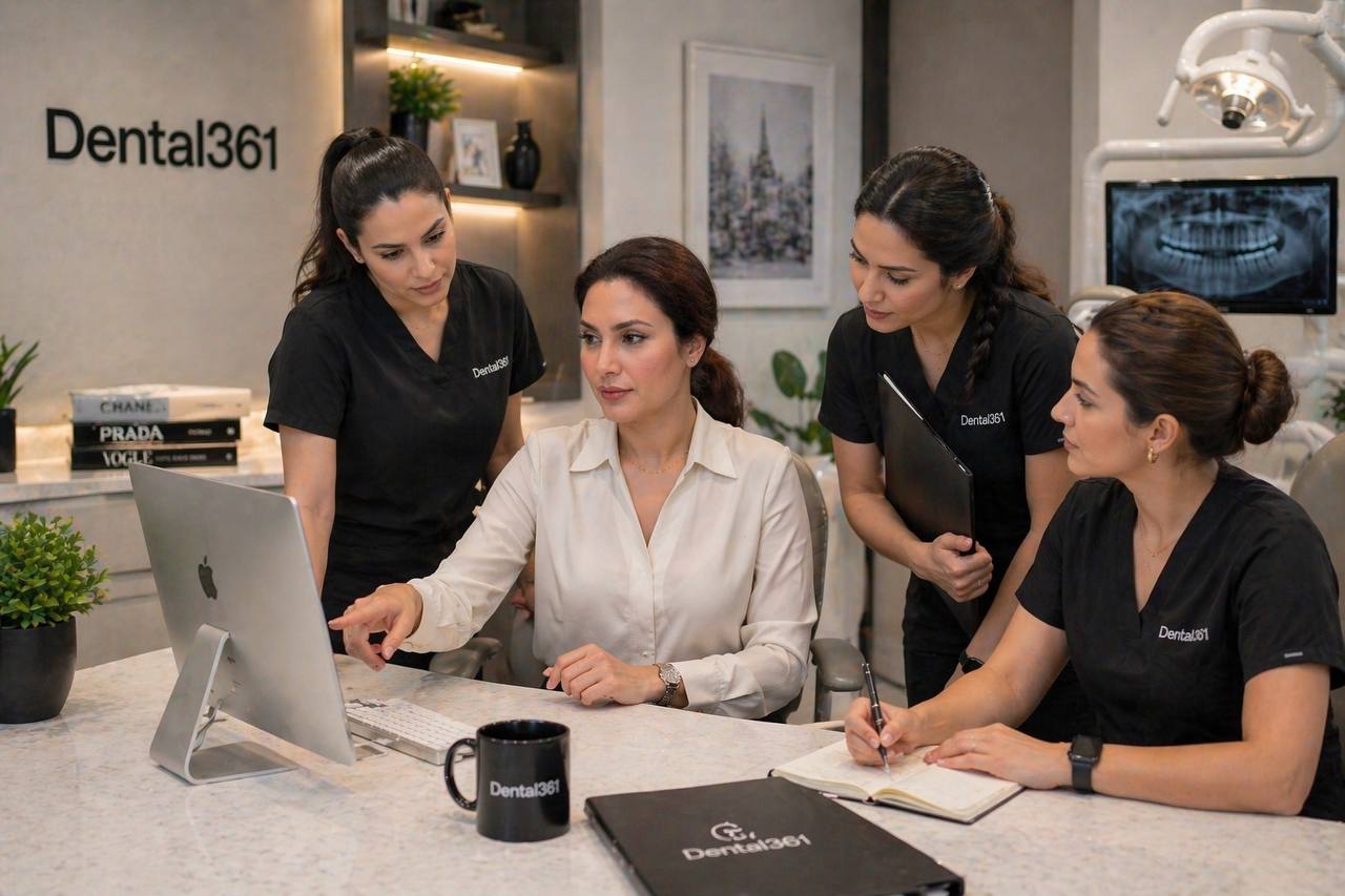 Behnoosh Basafa reviewing dental practice operations with a clinic team