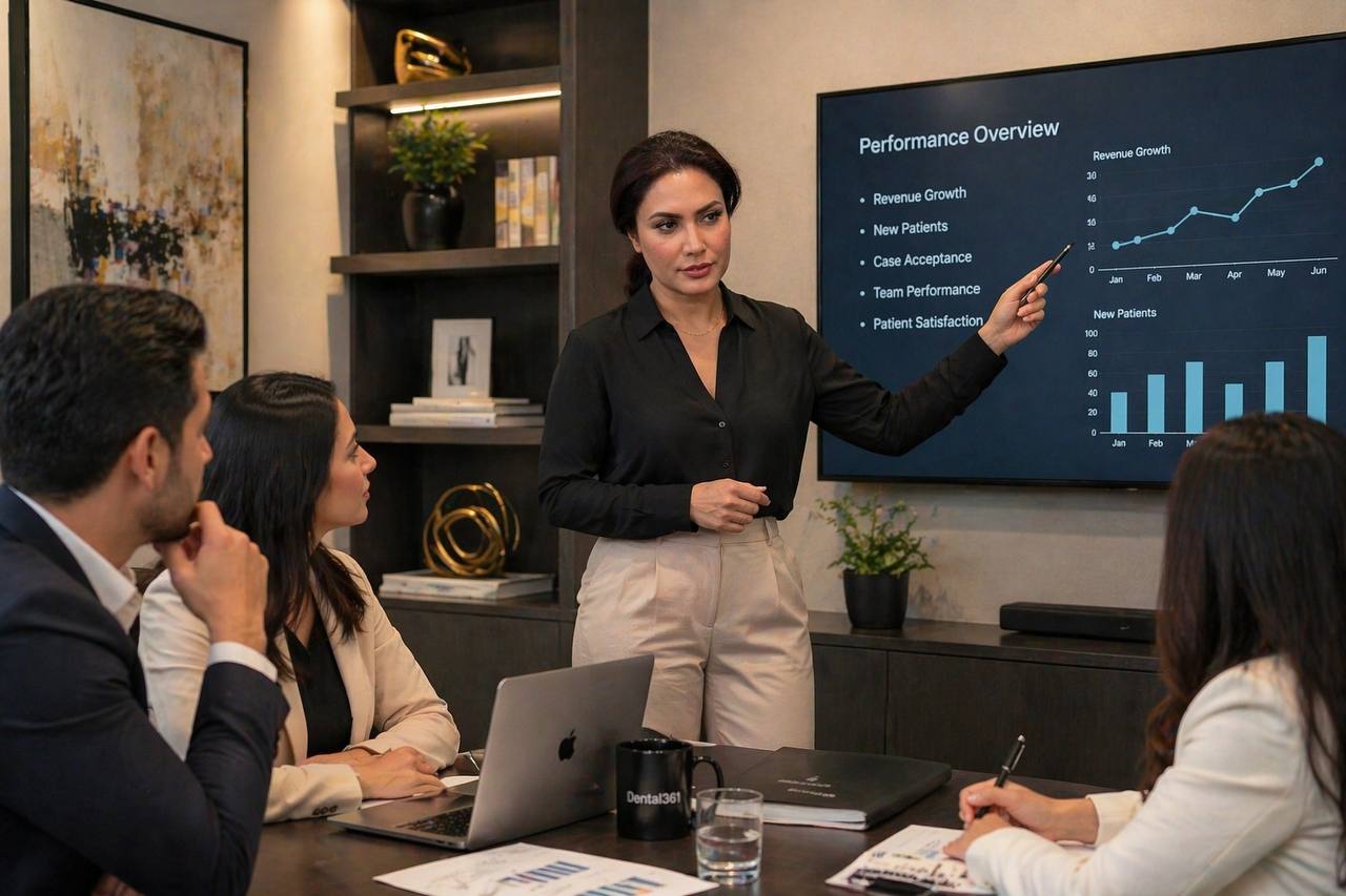 Behnoosh Basafa presenting dental practice performance data to a consulting team