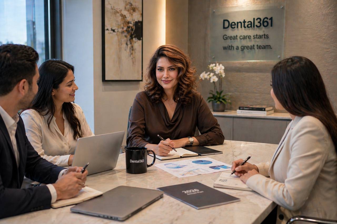 Behnoosh Basafa discussing dental practice performance with a consulting team