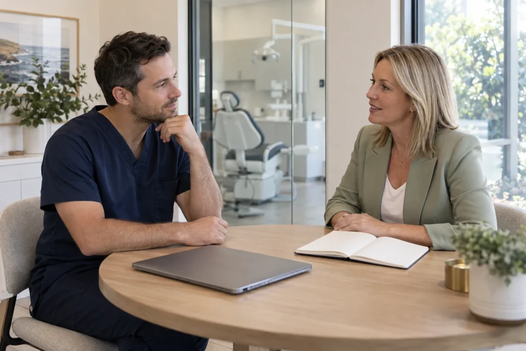 Dental practice owner discussing business support with an adviser
